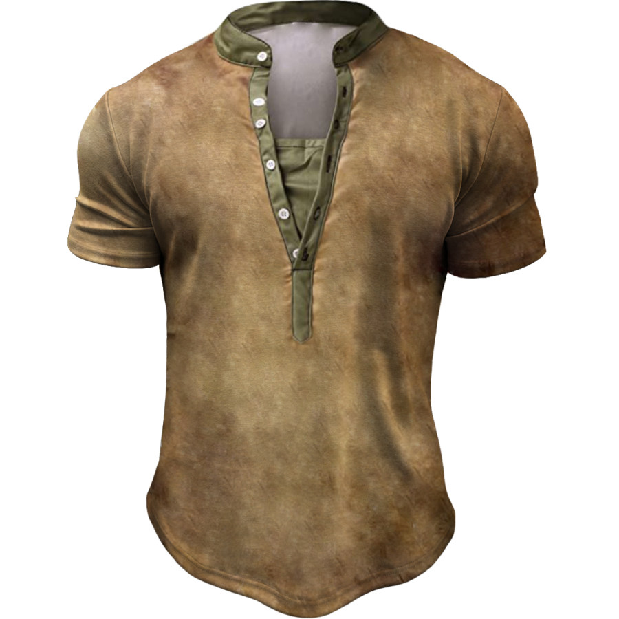 

Men's Vintage Distressed Henley Short Sleeve T-Shirt