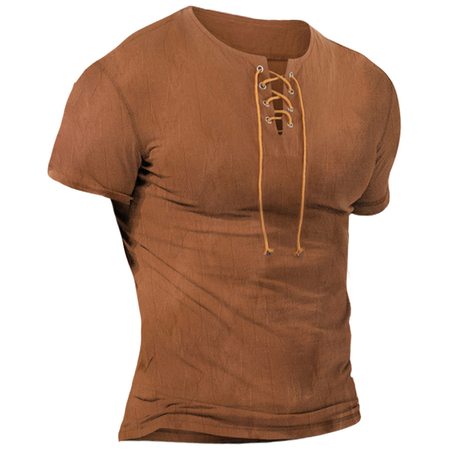 

Men's Vintage Drawstring Round Neck Short Sleeve T-Shirt