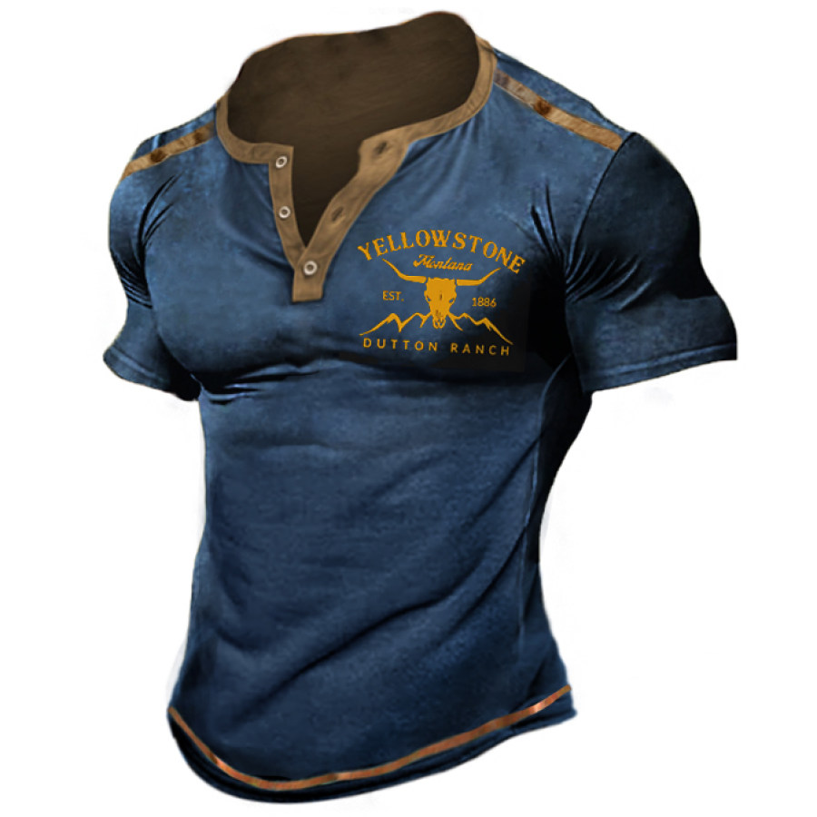 

Men's Vintage Yellowstone Print Henley T-Shirt