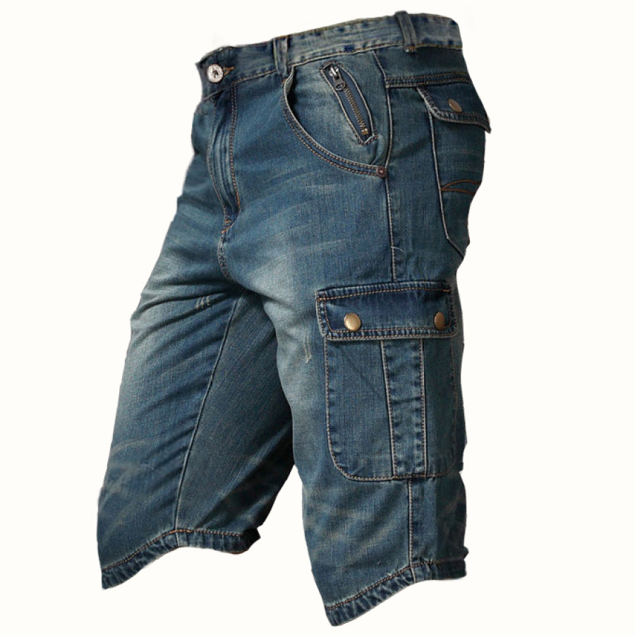 

Men's Casual American Style Loose Straight Multi-Pocket Denim Cargo Shorts