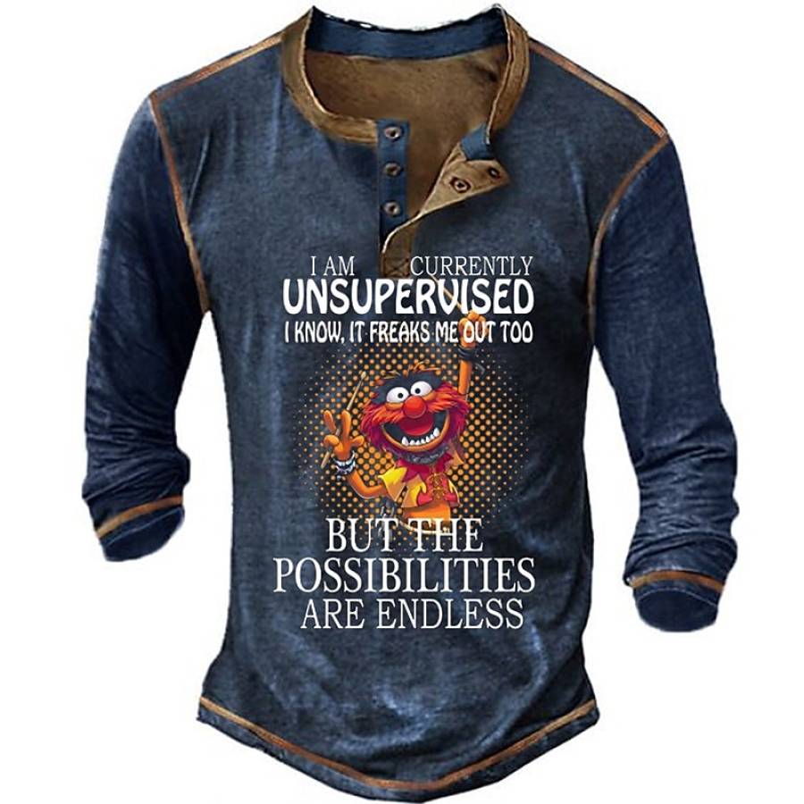 

Men's Vintage Cartoon Print Long Sleeve Henley Collar T-Shirt