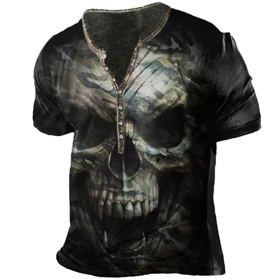

Men's Outdoor Camouflage Skull Print Henley Collar T-Shirt