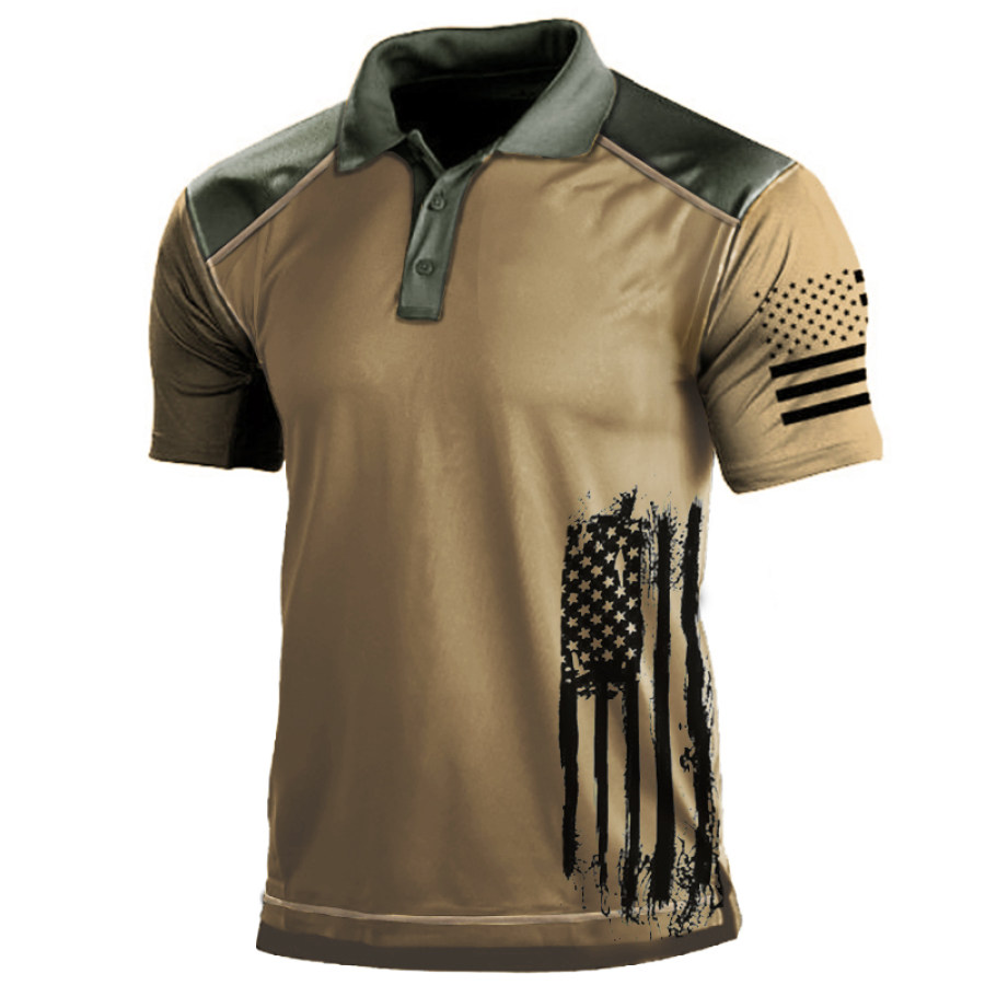

Men's Outdoor Stitching Contrasting Color American Flag Print Polo T-Shirt
