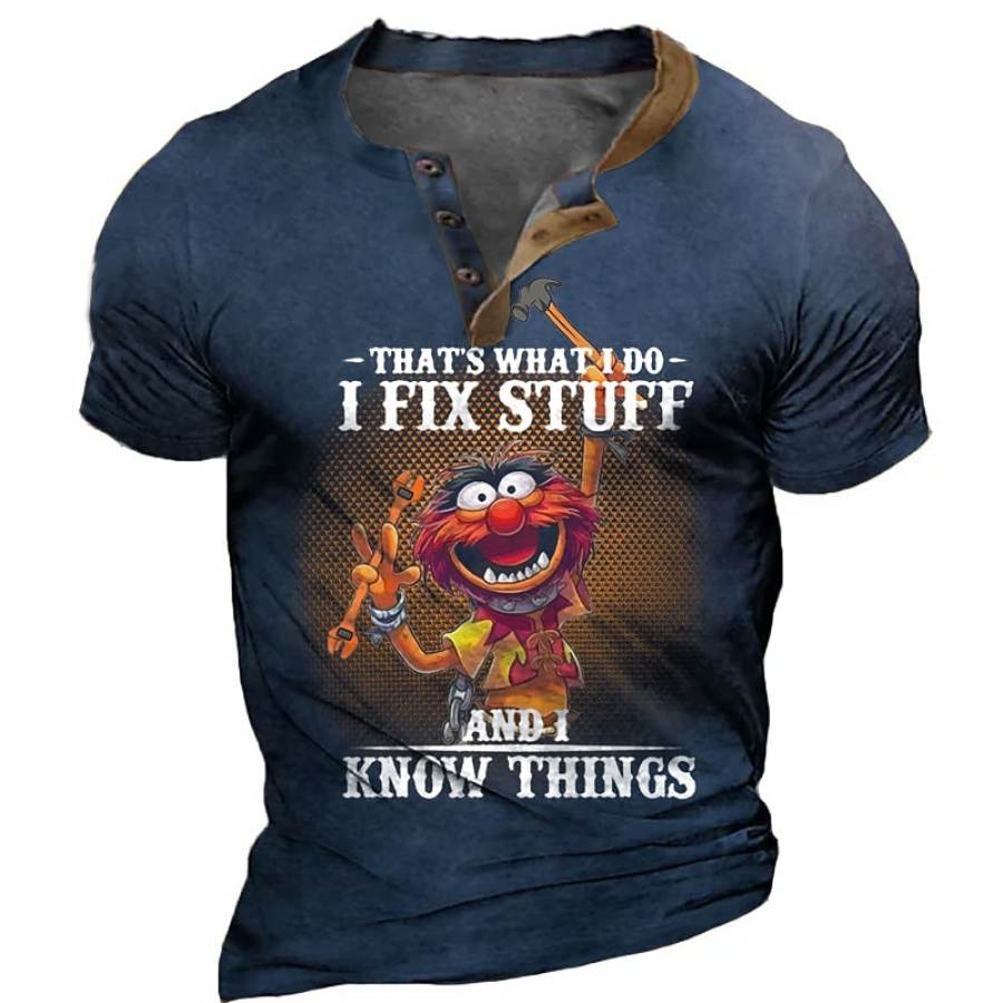 

Men's Cartoon Print Henley Collar T-Shirt