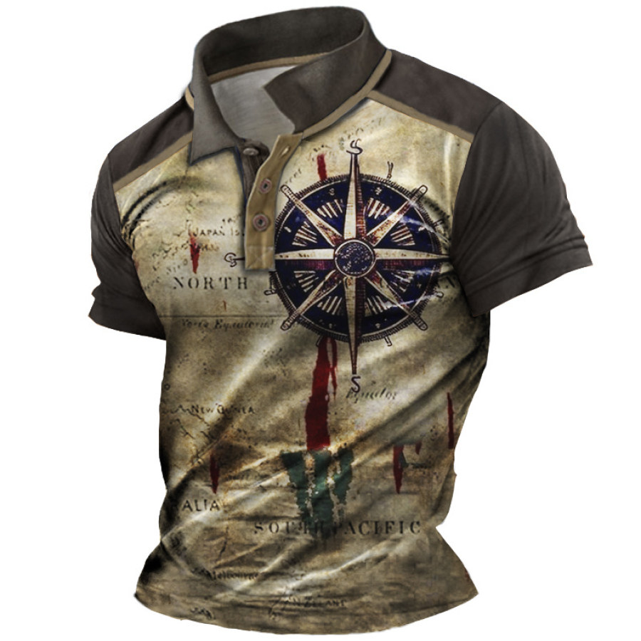 

Men's Vintage Nautical Map Compass Print Polo Collar T-Shirt