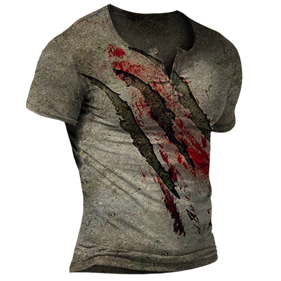 

Men's Vintage Distressed Wolf Claw Henley Short Sleeve T-Shirt