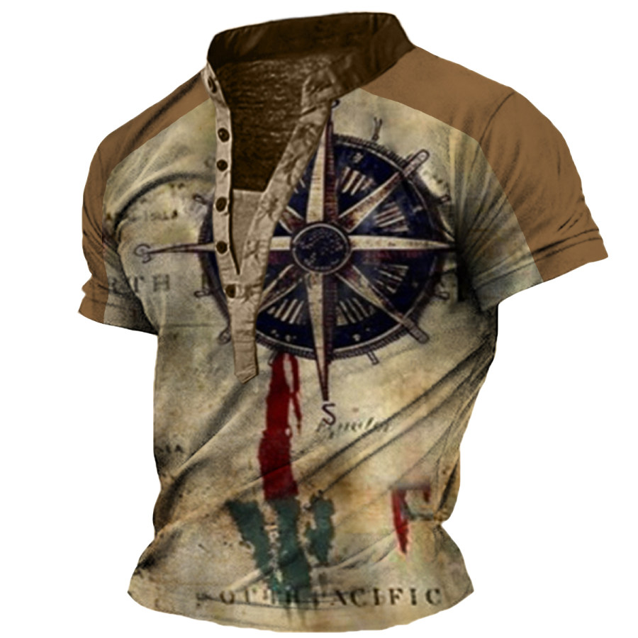 

Men's Vintage Nautical Map Compass Print Henley Short Sleeve T-Shirt