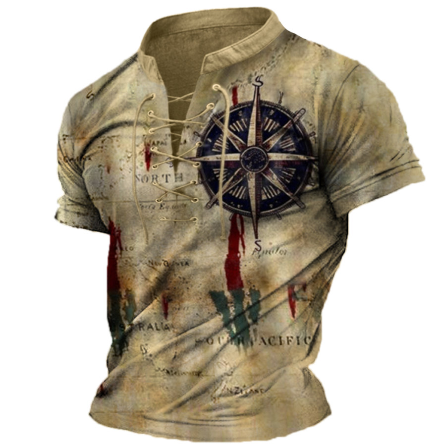 

Men's Vintage Nautical Map Compass Print Drawstring Short Sleeve T-Shirt