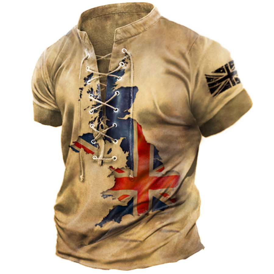

Men's Outdoor Vintage British Flag Map Print Lace Up Casual Short Sleeve T-Shirt