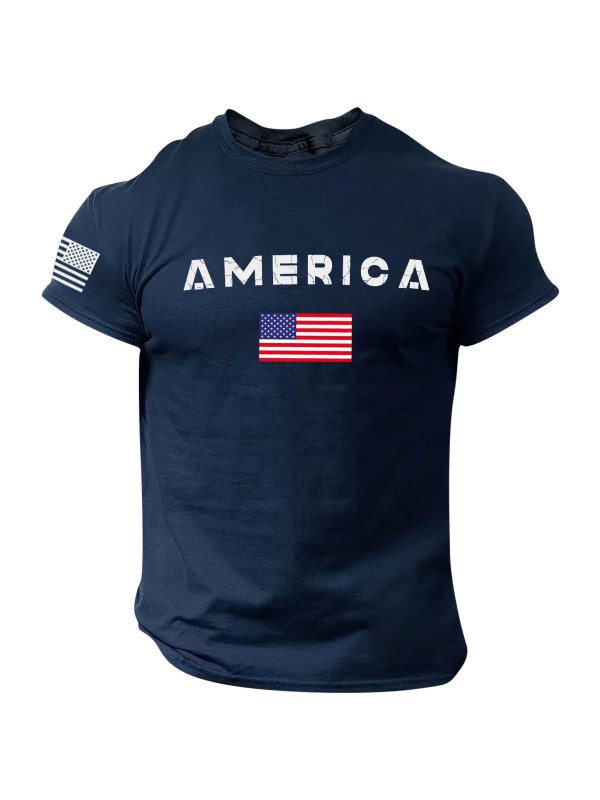 Men's Casual American Flag Print Round Neck Short Sleeve T-Shirt