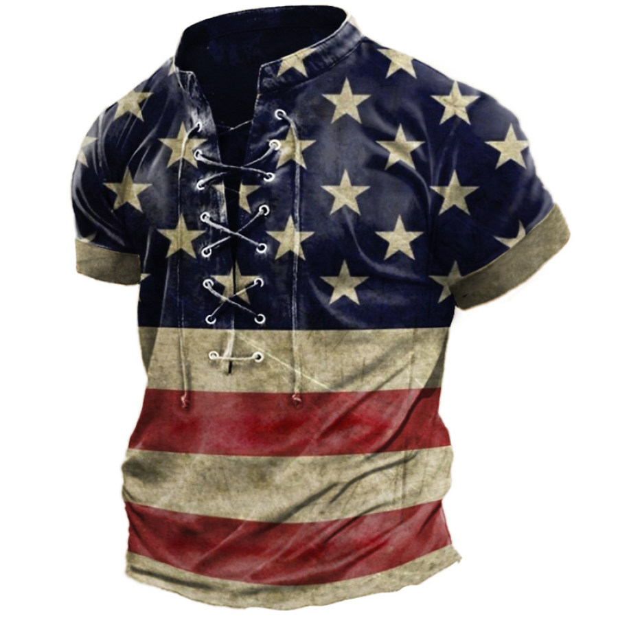 

Men's Vintage Flag Lace Up Casual Short Sleeve T-Shirt