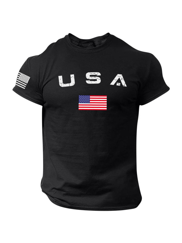 Men's Casual American Flag Print Round Neck Short Sleeve T-Shirt