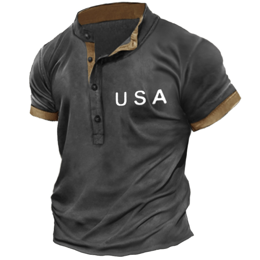 

Men's Vintage USA Letter Print Short Sleeve Henley Collar T-Shirt