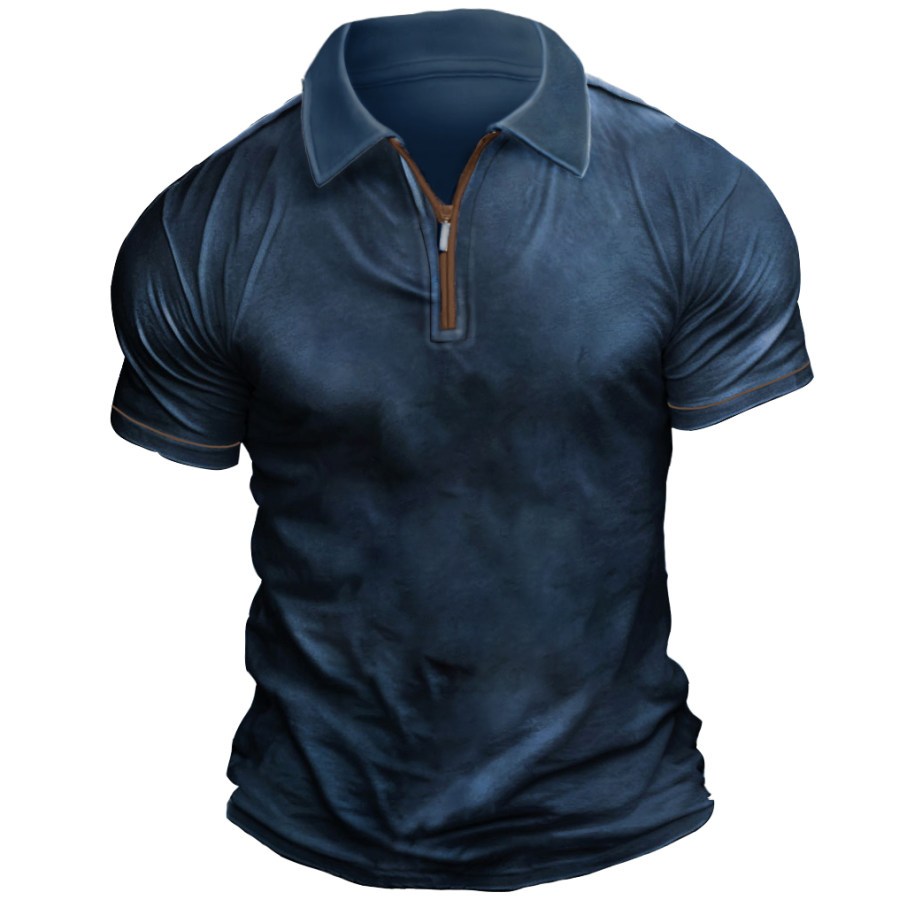 

Men's Casual Classic Solid Color Zipper Collar POLO T-Shirt