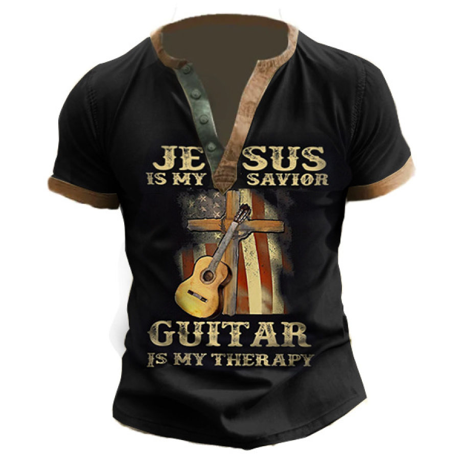 

Jesus Is My Savior Guitar Is My Therapy Men Henley Tee