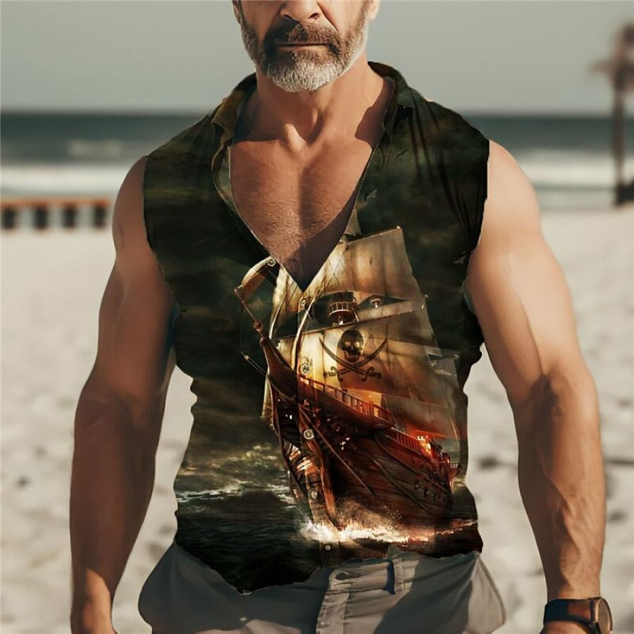 

Men's Outdoor Vintage Nautical Sailing Print Casual Sleeveless Shirt