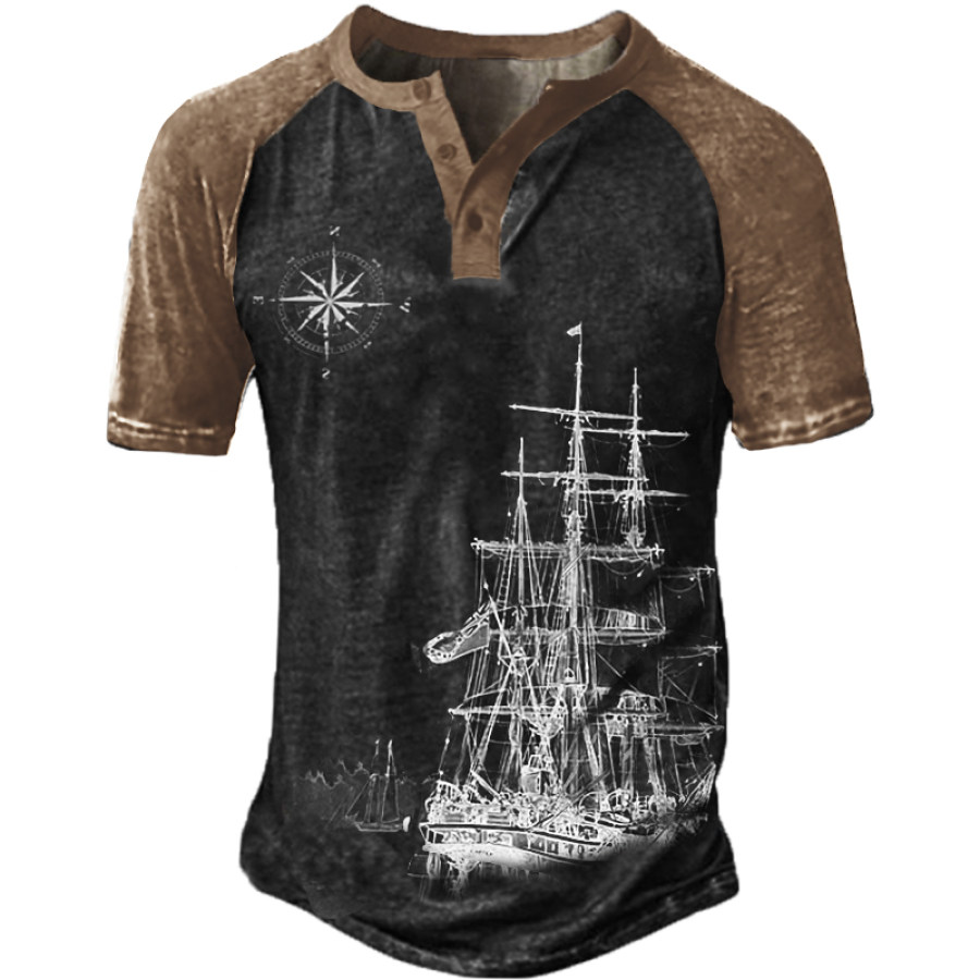 

Men's Vintage Nautical Compass Henley Collar Short Sleeve T-Shirt