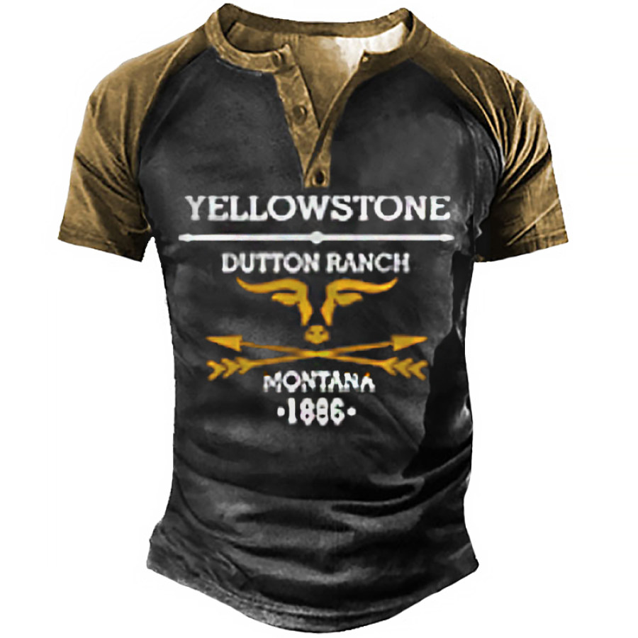 

Men's Vintage Western Yellowstone Henley Collar Short Sleeve T-Shirt