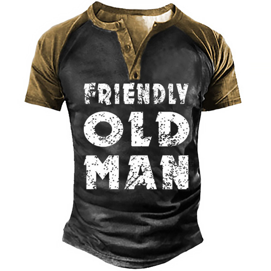 

Men's Vintage OLD MAN Henley Collar Short Sleeve T-Shirt