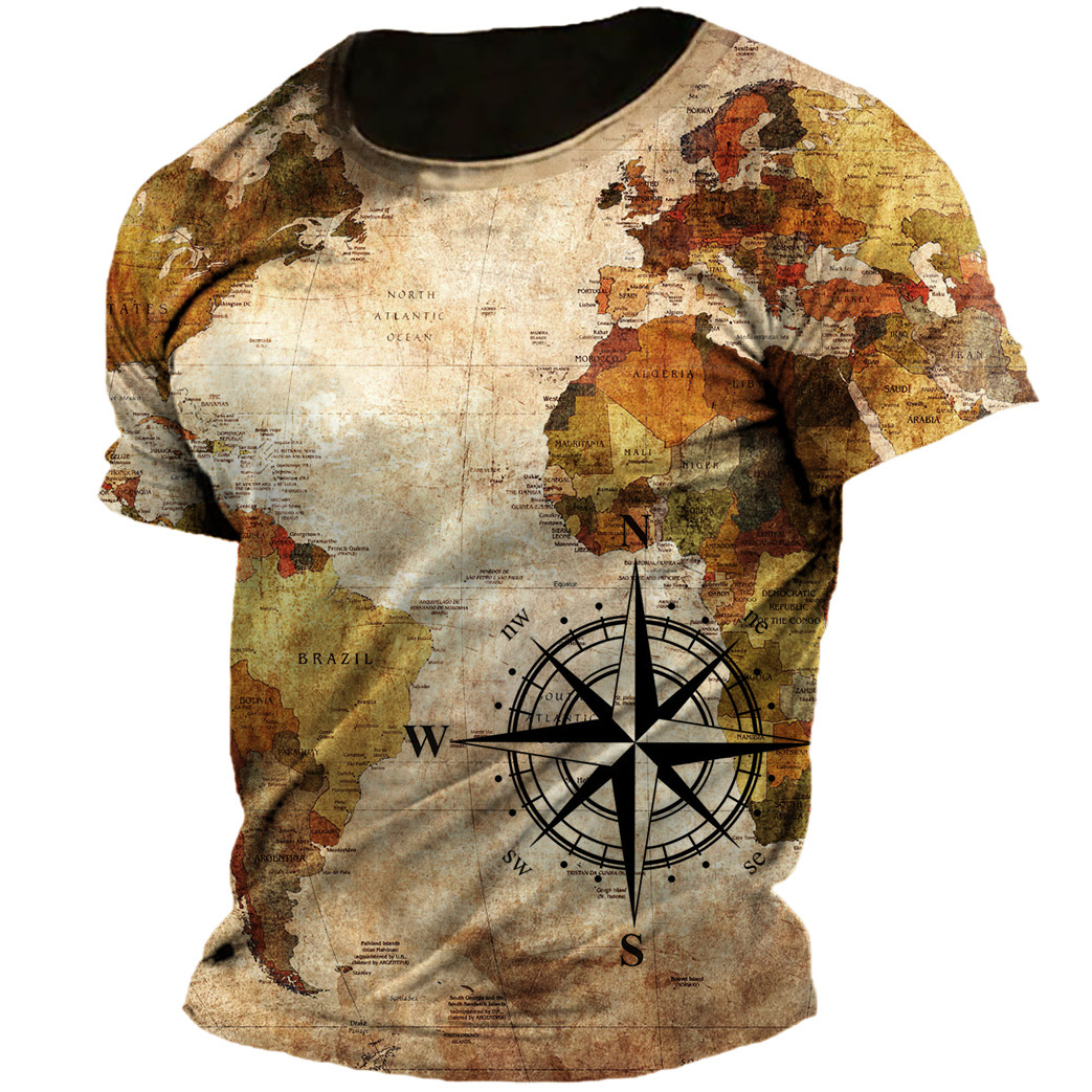 Plus Size Men's Vintage Nautical Map Compass Print T-Shirt - Wayrates.com