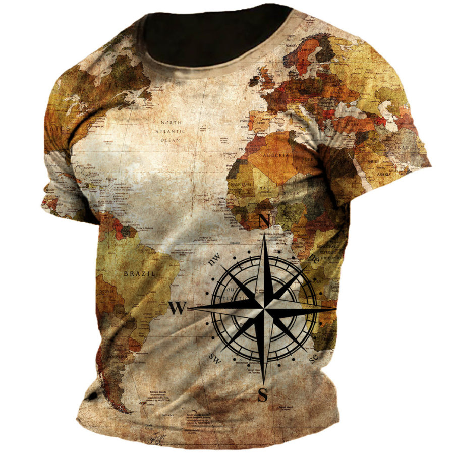 

T-shirt Da Uomo Vintage Con Stampa Bussola E Mappa Nautica Taglie Forti