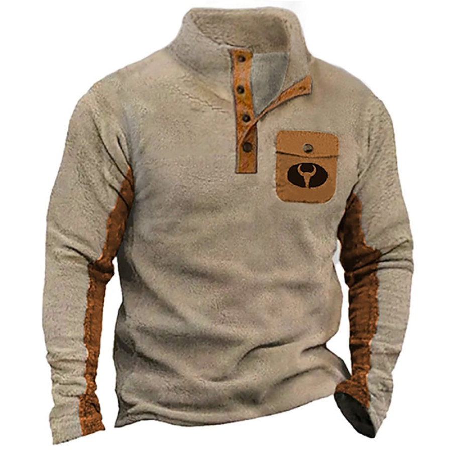 

Men's Sweatshirt Yellowstone Fleece Stand Collar Buttons Colorblock Daily Tops