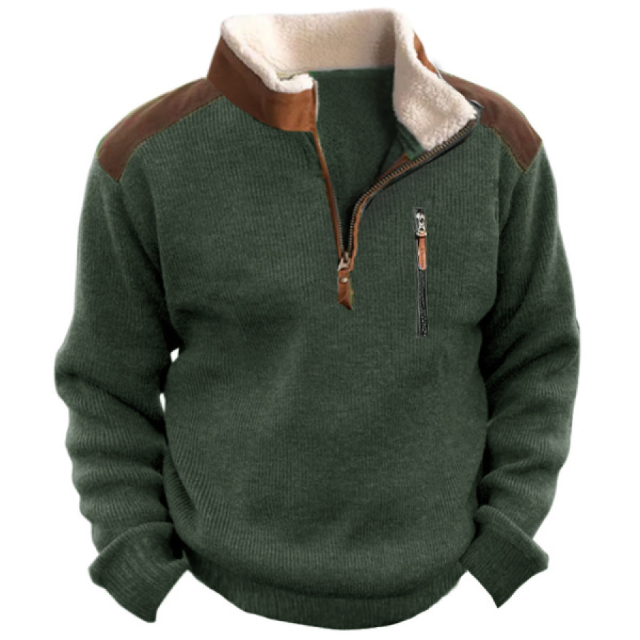 

Men's Knitted Sweatshirt Retro Outdoor 1/4 Collar 1/4 Zip Tactical Knit Pullover Sweatshirt