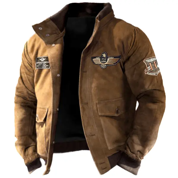 Men's Bomber Jacket Brown Vintage Embroidered Patch Military Jacket 