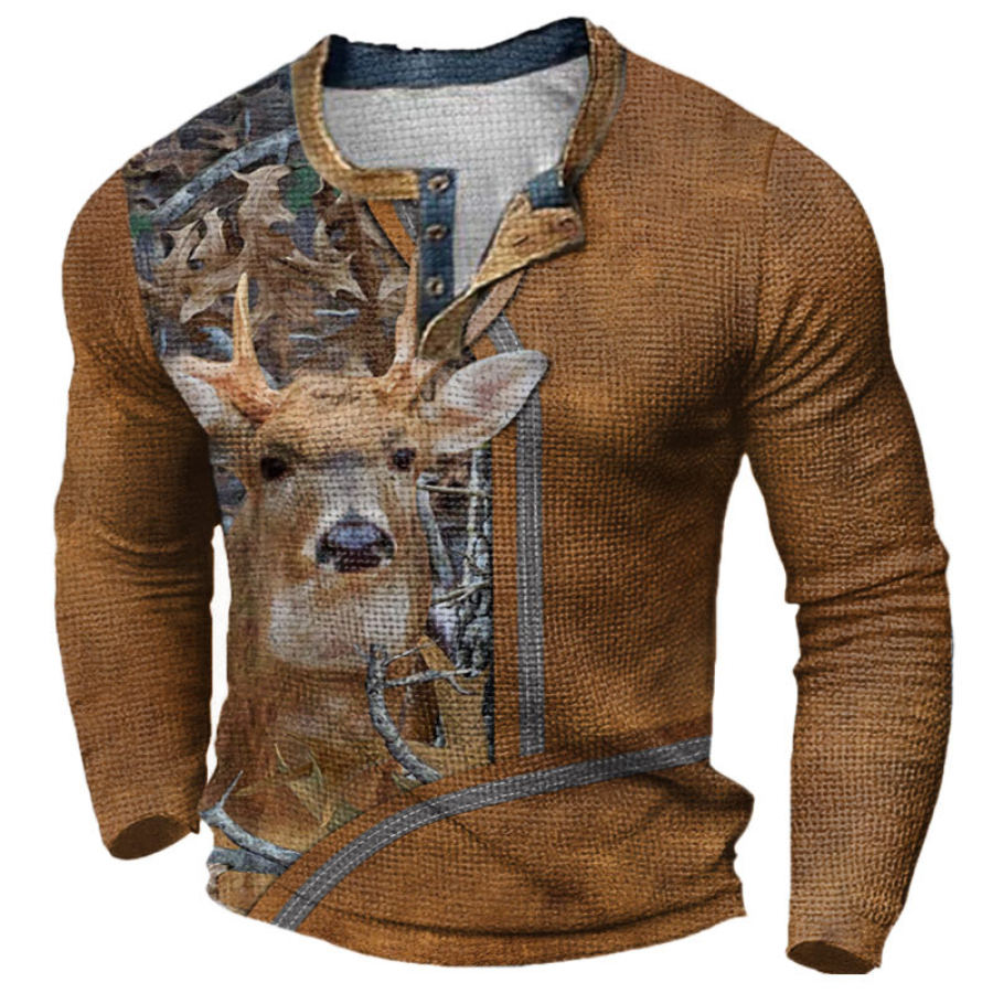 

Henley-Jagd-Langarm-T-Shirt Mit Outdoor-Elch-Print Für Herren