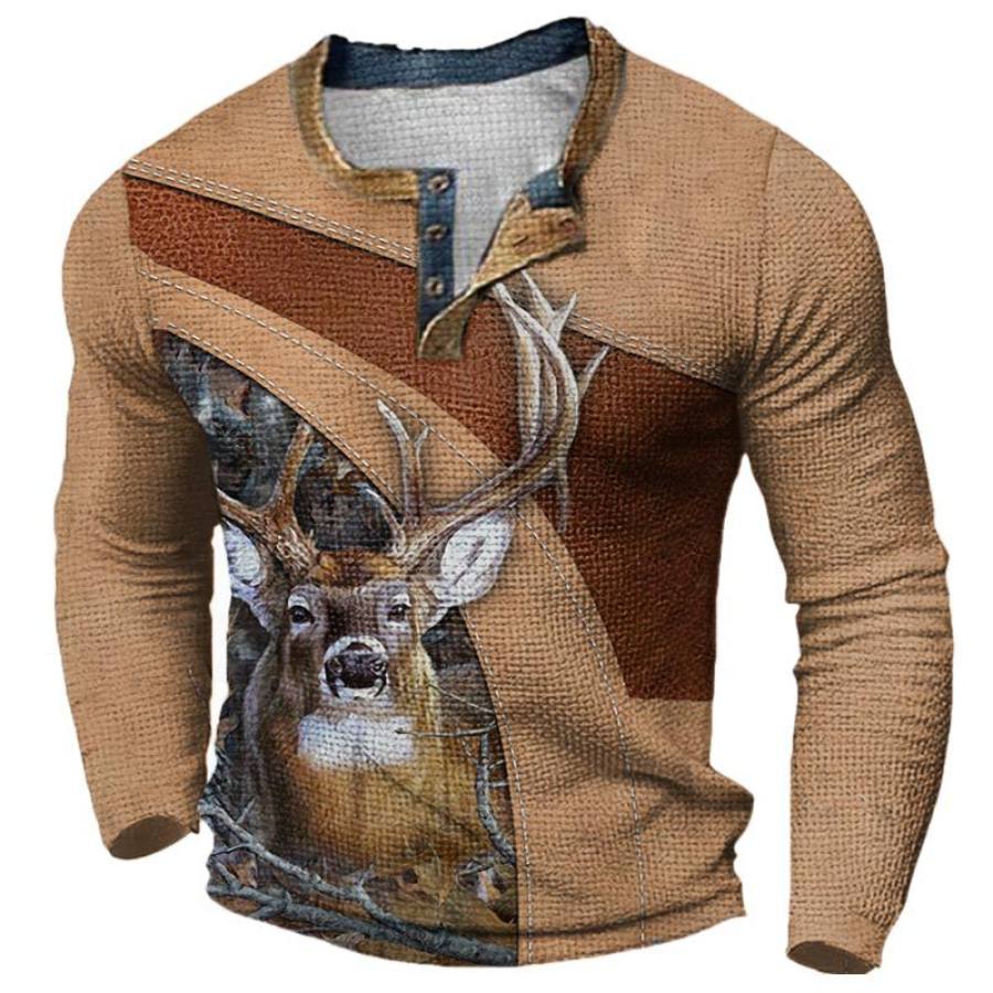 

Men's Outdoor Elk Print Henley Hunting Long Sleeve T-Shirt