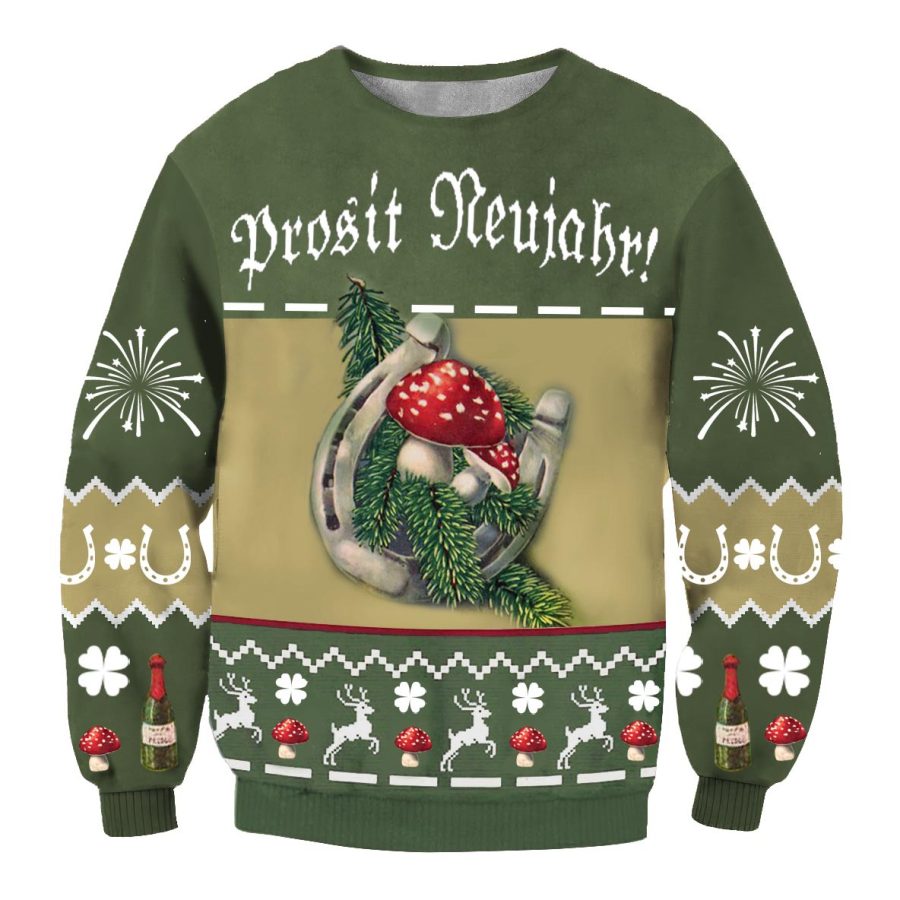 

Herren Prosit Neujahr Silvester Fliegenpilz Hufeisen-Print-Sweatshirt Mit Rundhalsausschnitt