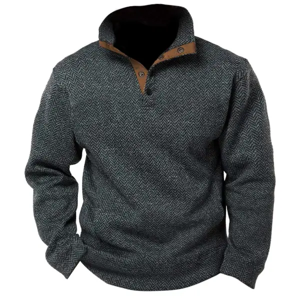 Men's Sweatshirt Vintage Herringbone Snap Contrast Daily Tops Pullover - Blaroken.com 