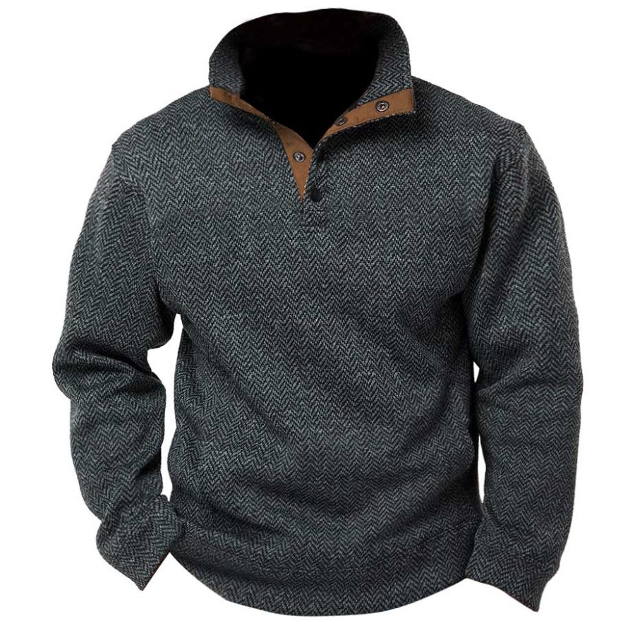 

Herren-Sweatshirt Vintage Herringbone Snap Contrast Daily Tops Pullover