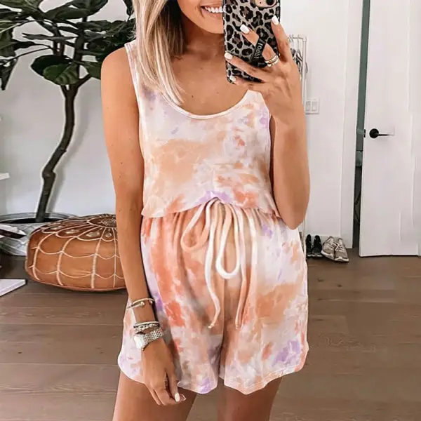 Maternity Sleeveless Tie Dye Print Drawstring Romper - Leanarea.chimpone.com 