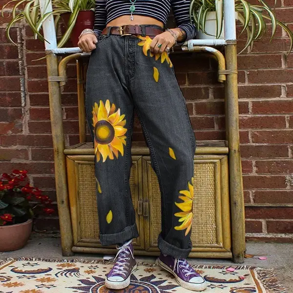 Fashion - black grey jeans printed wash chrysanthemum sunflower denim trousers - Leanarea.chimpone.com 