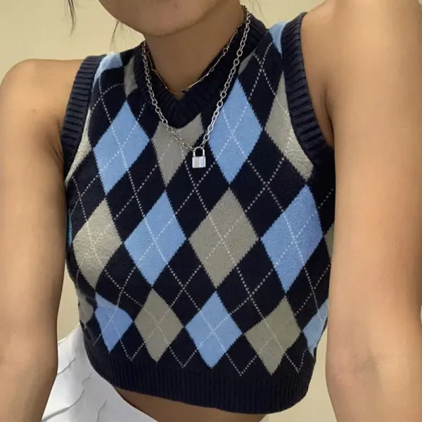 Diamond lattice college wind wool knitted all-match vest - Leanarea.chimpone.com 