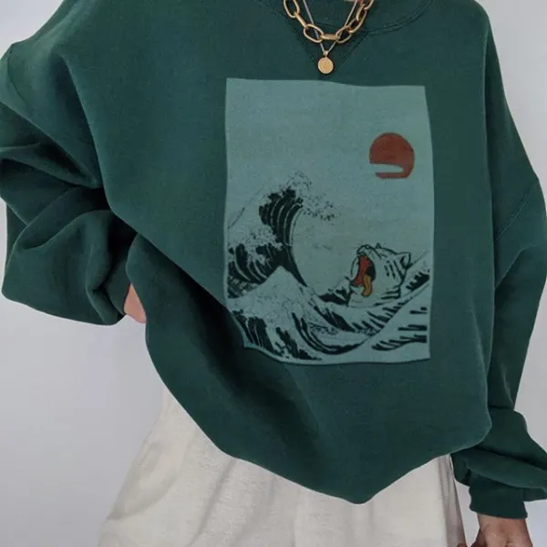 All-match fun surf cat sun print sweatshirt - Leanarea.chimpone.com 