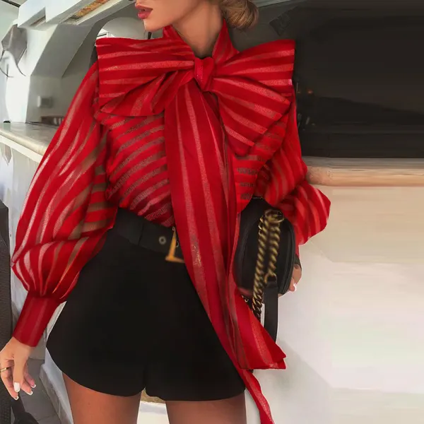 Women's Fashion Bow Mesh Gauze Striped Top - Leanarea.chimpone.com 