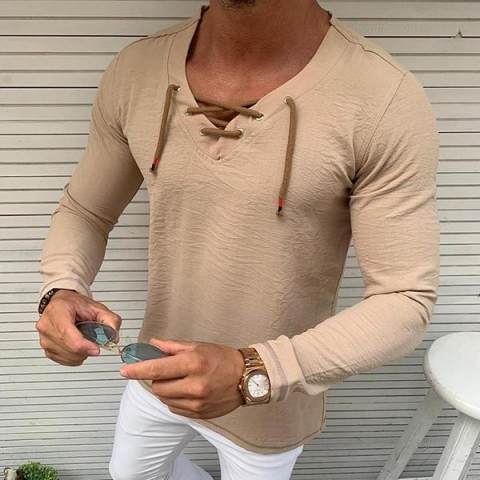 Casual Pure Colour Tether V Neck T Shirt