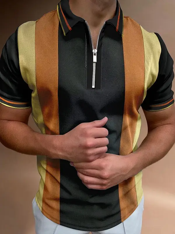 Silk texture striped stitching polo shirt - Oasisjoy.com 