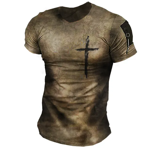 Mens Retro Casual Cross Print T-shirt - Chrisitina.com 