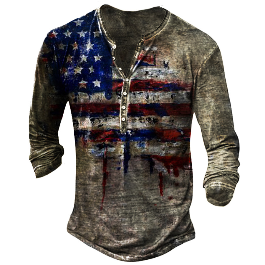 

Mens American Flag Print Long Sleeve V-Neck Top