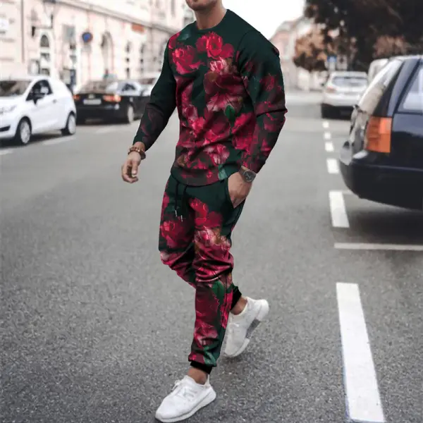 Men's Printed Round Neck Fashion Long-sleeved Casual Suit - Fineyoyo.com 