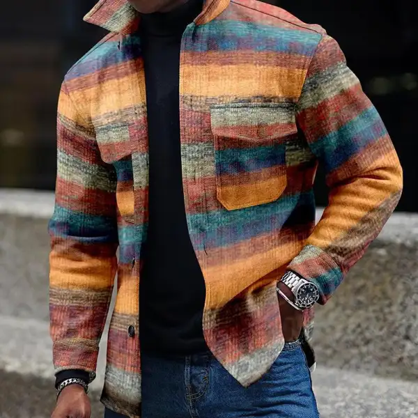 Men's Fashion Casual Striped Printed Long Sleeve Shirt Jacket - Mobivivi.com 