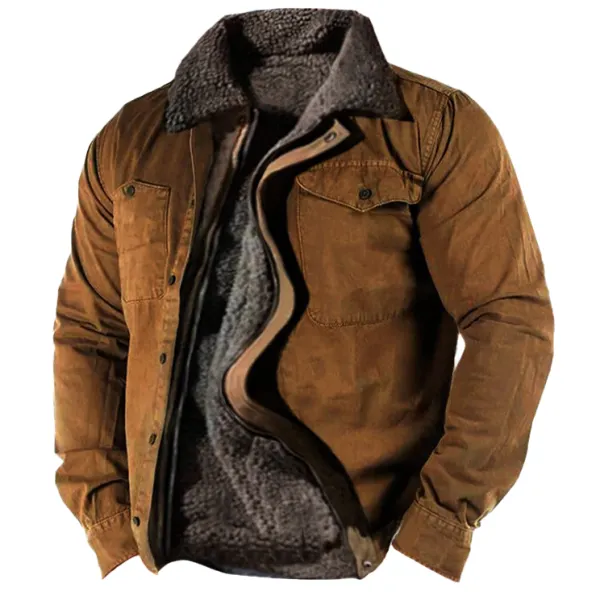 Men's Retro Lining Plus Fleece Zipper Tactical Shirt Jacket - Salolist.com 