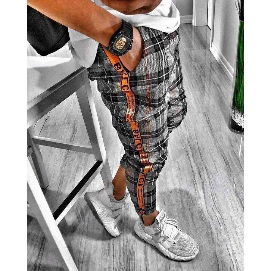 

Plaid Texture Letter Edge Casual Trousers
