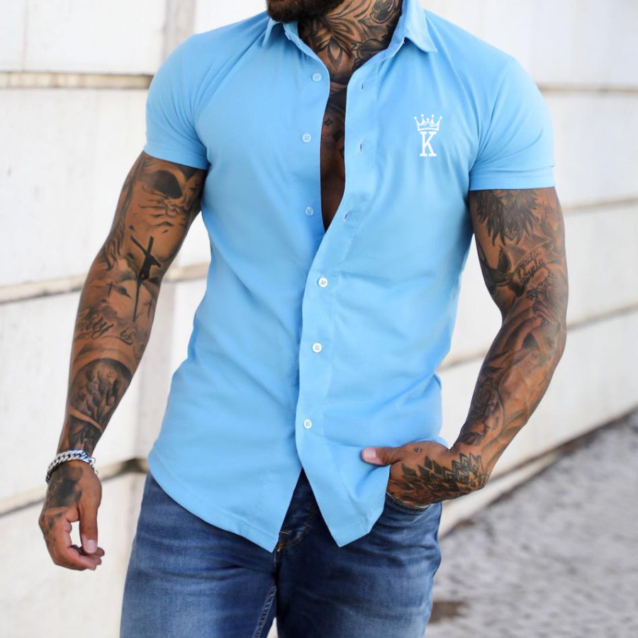 

Men's Fashion Crown K Print Casual Slim Short Sleeve Shirt