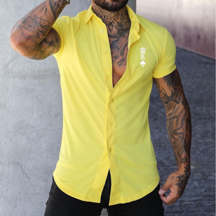 

Men's Fashion Crown Poker K Print Casual Slim Short Sleeve Shirt