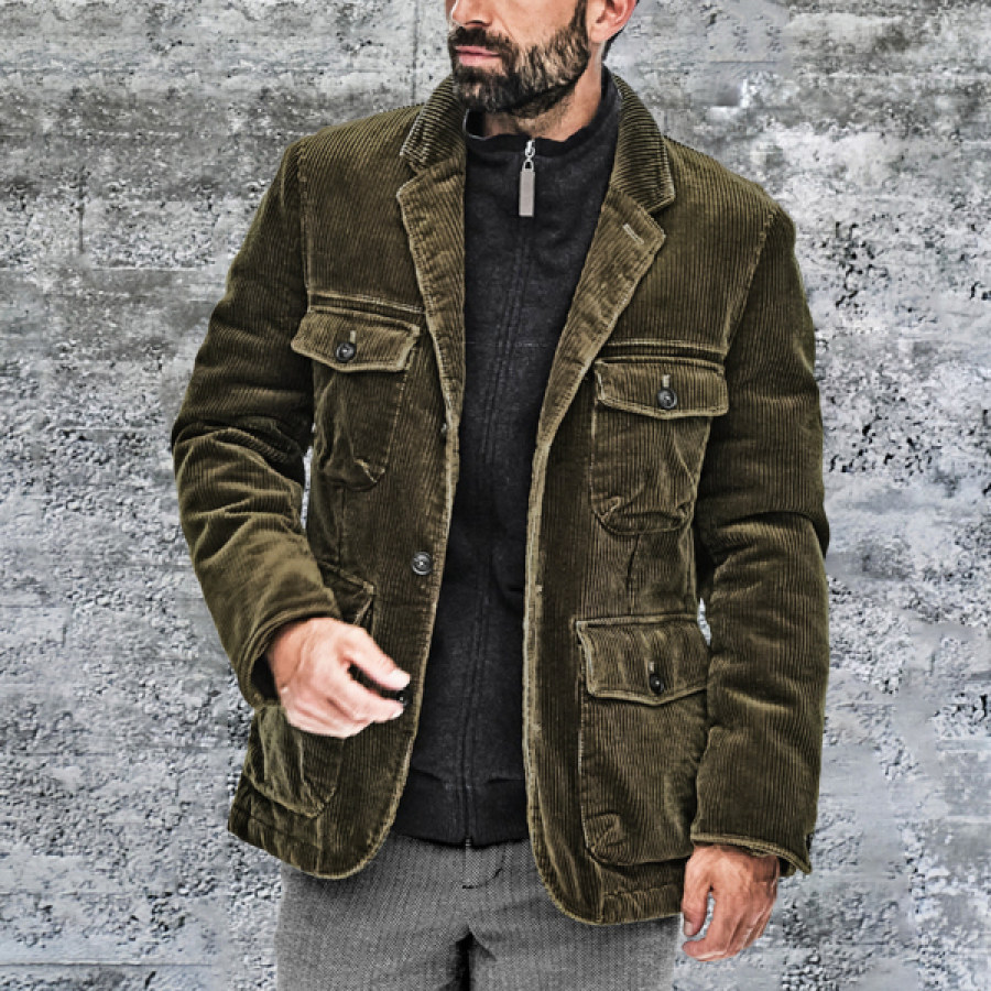 

Mens Casual Retro Solid Color Multi-pocket Corduroy Jacket