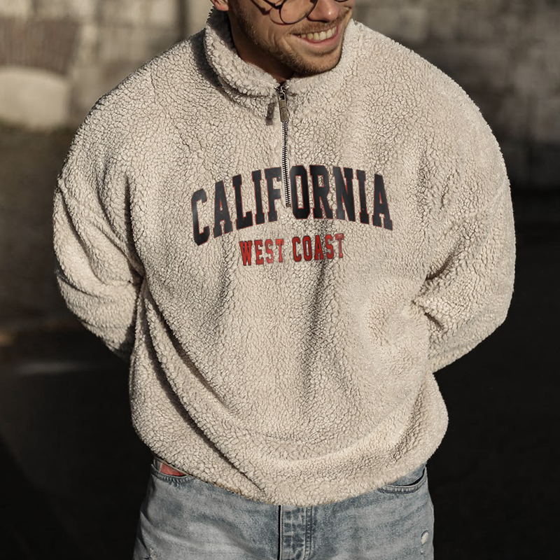 Men's California Embroidered Polo Neck Chic Sherpa Sweatshirt
